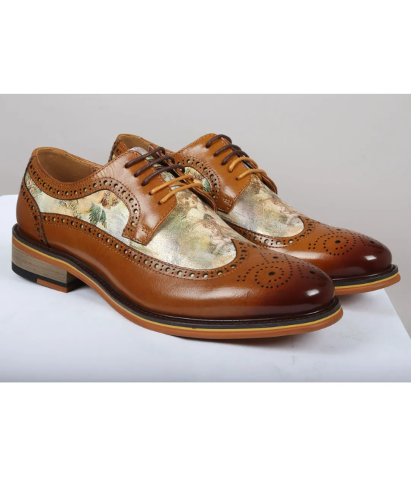 Scott - Men's Brown Iconic Print Leather Brogue Shoes