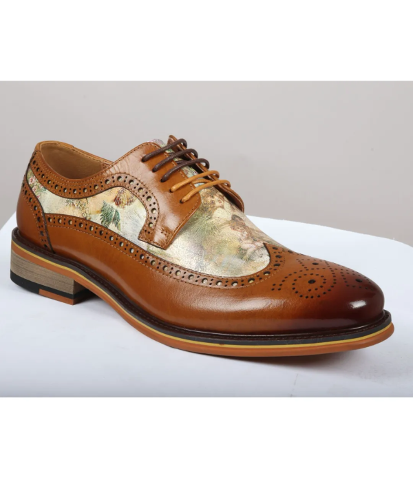 Scott - Men's Brown Iconic Print Leather Brogue Shoes