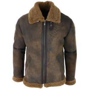 Men’s Brown Distressed Sheepskin Flying Jacket Camel Fur Zipped Classic Winter