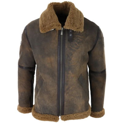 Men's Brown Distressed Sheepskin Flying Jacket Camel Fur Zipped Classic Winter