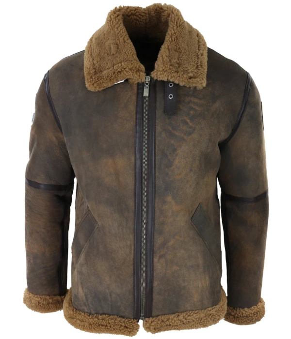 Men's Brown Distressed Sheepskin Flying Jacket Camel Fur Zipped Classic Winter