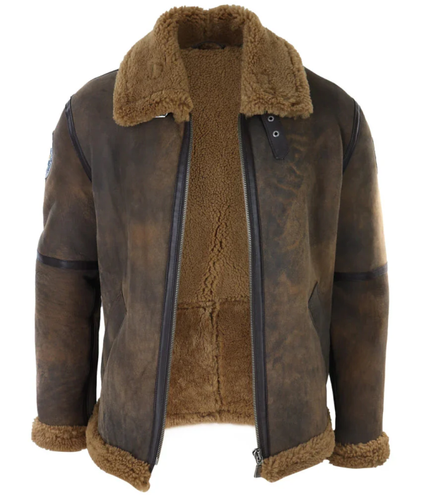 Men's Brown Distressed Sheepskin Flying Jacket Camel Fur Zipped Classic Winter