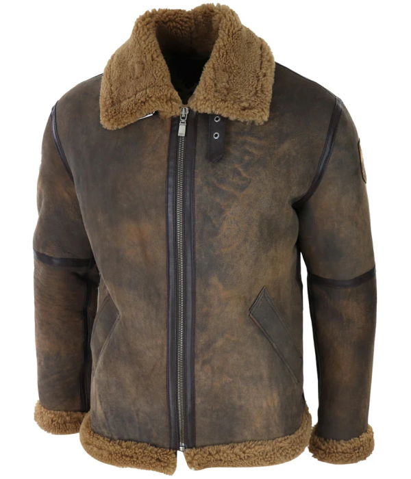 Men's Brown Distressed Sheepskin Flying Jacket Camel Fur Zipped Classic Winter