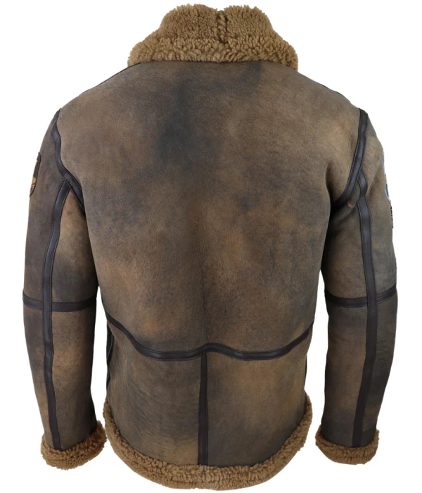 Men's Brown Distressed Sheepskin Flying Jacket Camel Fur Zipped Classic Winter