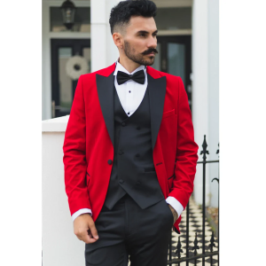 Men’s Red Velvet Tux Blazer Satin Lapels Dinner Wedding Prom Black Tie