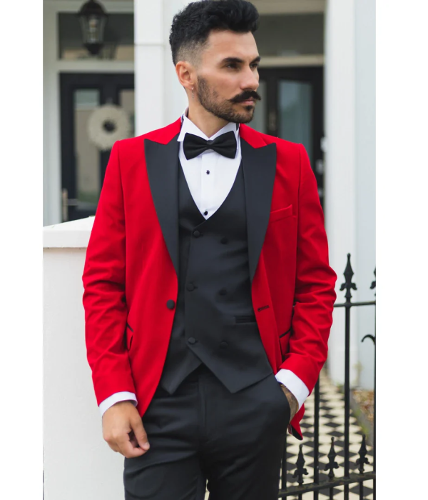 Men's Red Velvet Tux Blazer Satin Lapels Dinner Wedding Prom Black Tie