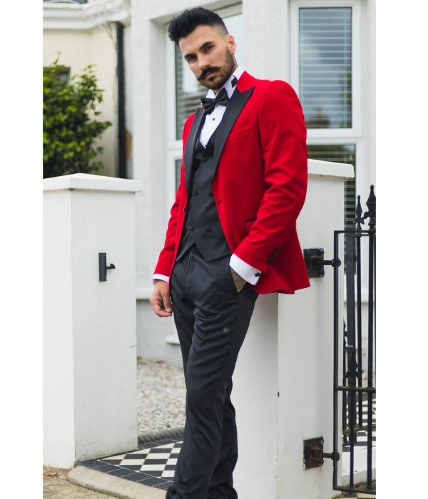 Men's Red Velvet Tux Blazer Satin Lapels Dinner Wedding Prom Black Tie