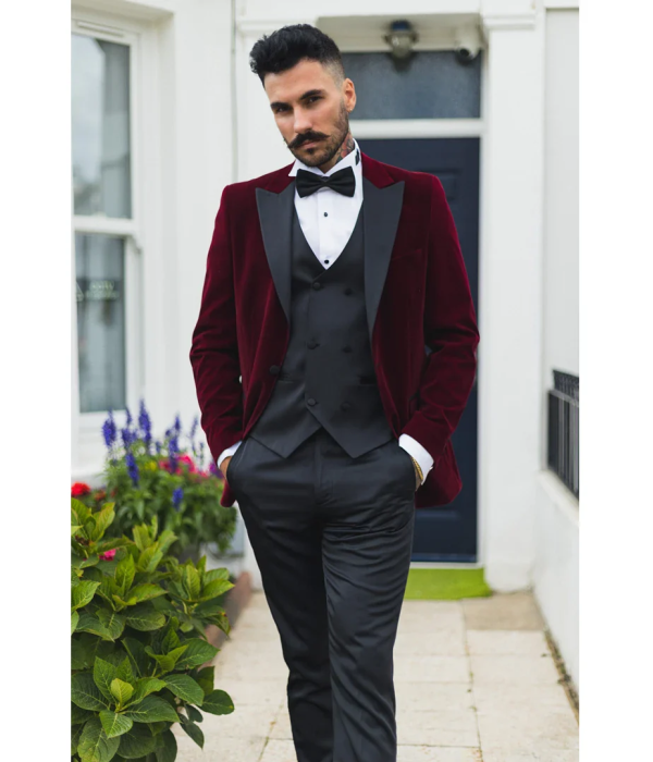 Men's Wine Velvet Tux Blazer Satin Lapels Dinner Wedding Prom Black Tie