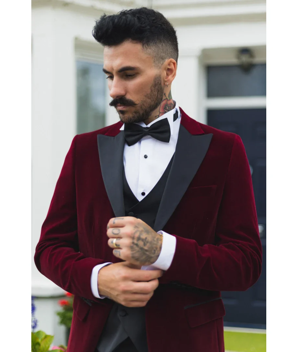 Men's Wine Velvet Tux Blazer Satin Lapels Dinner Wedding Prom Black Tie