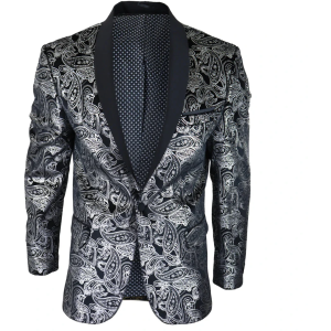 STZ64-65 – Men’s Velvet Paisley Floral Blazer Silver Black Tuxedo Jacket