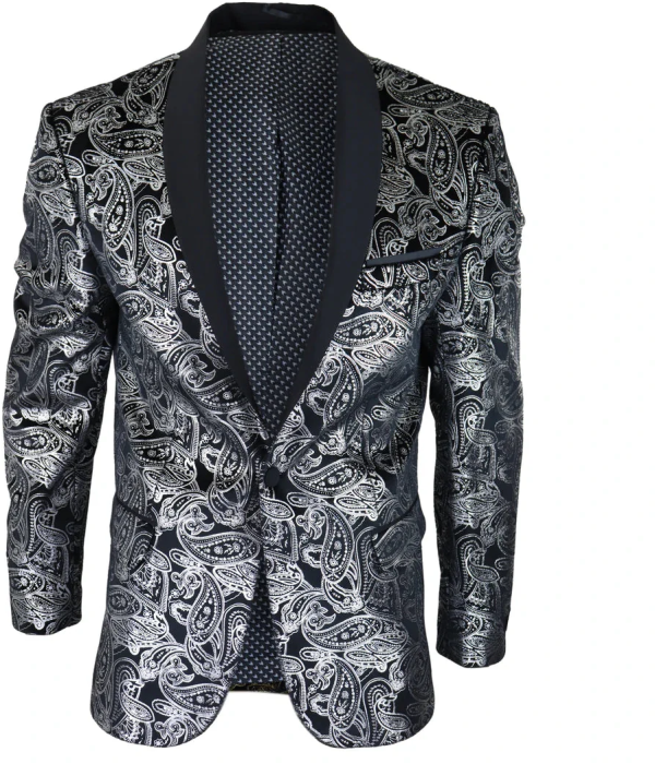 STZ64-65 - Men's Velvet Paisley Floral Blazer Silver Black Tuxedo Jacket