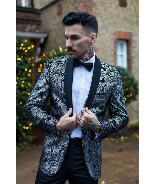 STZ64-65 - Men's Velvet Paisley Floral Blazer Silver Black Tuxedo Jacket