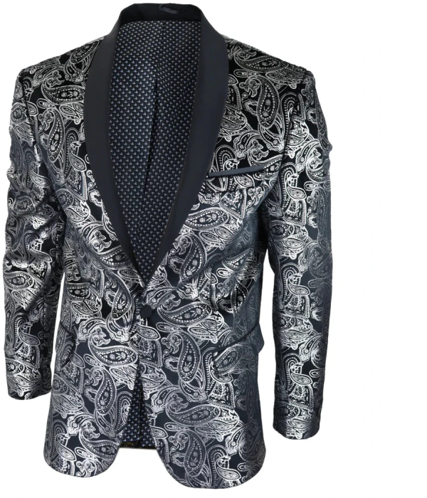 STZ64-65 - Men's Velvet Paisley Floral Blazer Silver Black Tuxedo Jacket