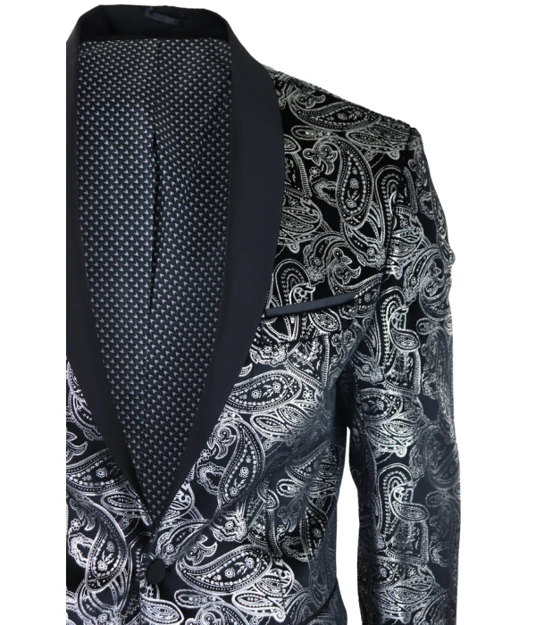 STZ64-65 - Men's Velvet Paisley Floral Blazer Silver Black Tuxedo Jacket