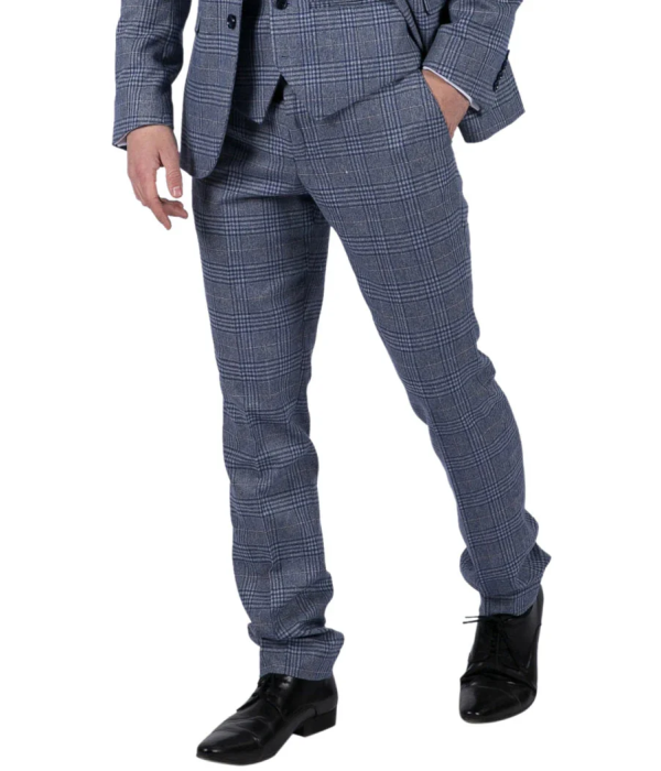 Victor - Men's Tweed Check Blue Wedding Trousers