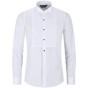 Men’s Wing Collar White Shirt Pleated Tuxedo Double Cuff Satin Cotton