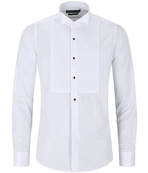 Men's Wing Collar White Shirt Pleated Tuxedo Double Cuff Satin Cotton