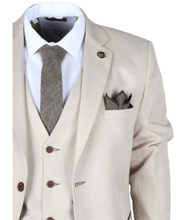 IM04 - Men's Beige 3 Piece Tailored Fit Wedding Suit