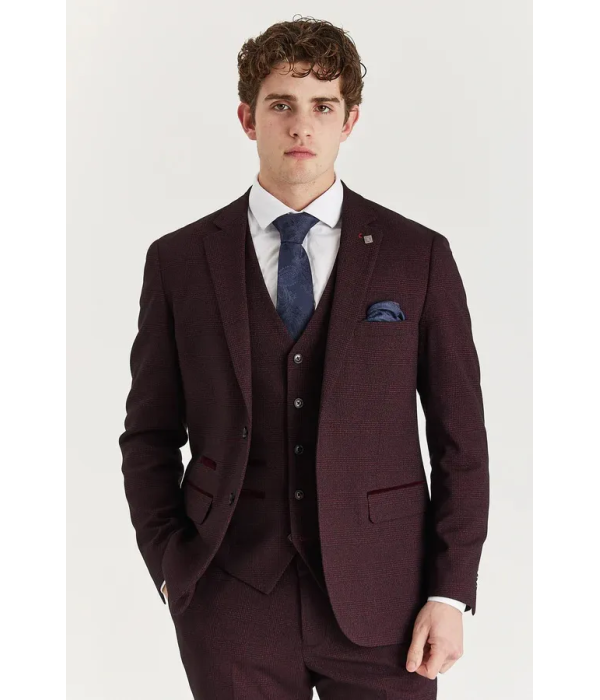 Regent - Men's Wine 3 Piece Prince Of Wales Checked Suit