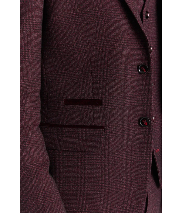 Regent - Men's Wine 3 Piece Prince Of Wales Checked Suit
