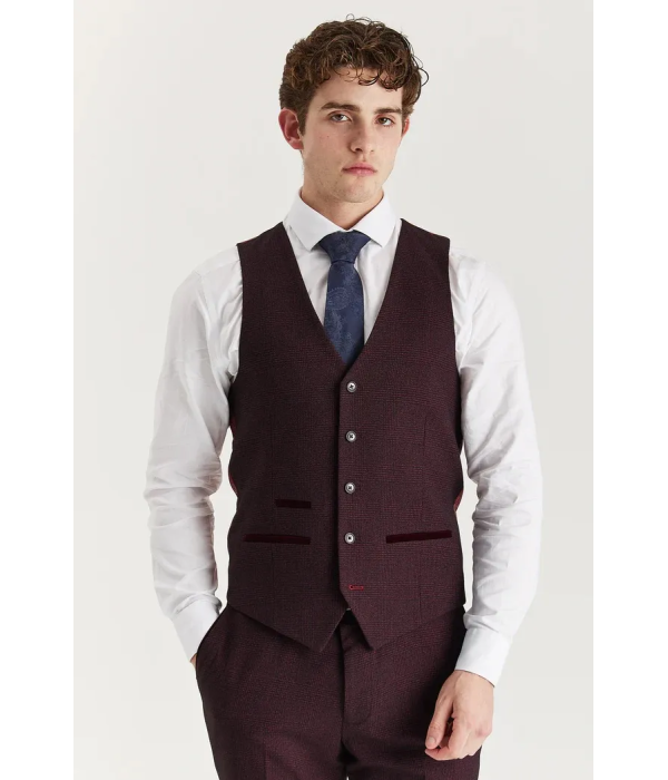 Regent - Men's Wine 3 Piece Prince Of Wales Checked Suit