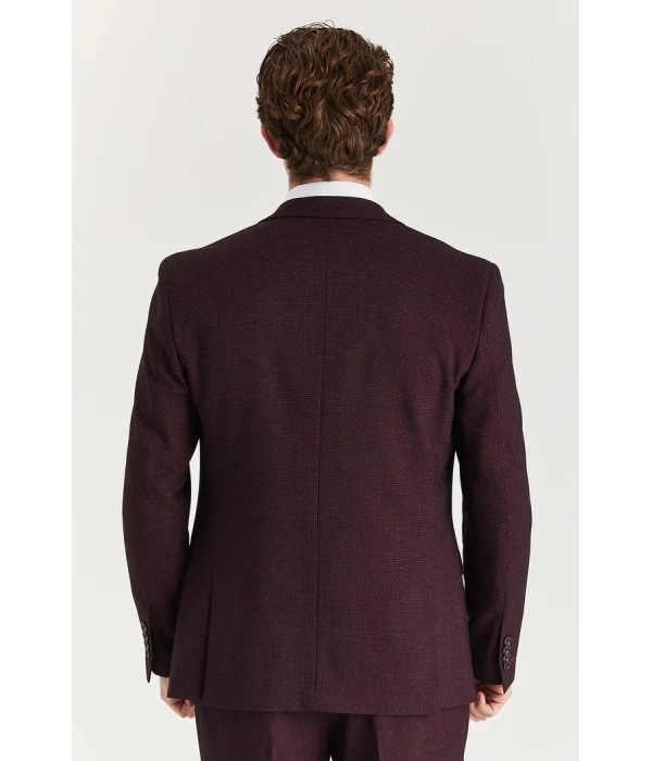 Regent - Men's Wine 3 Piece Prince Of Wales Checked Suit