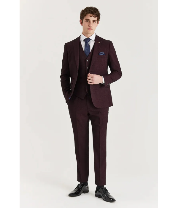 Regent - Men's Wine 3 Piece Prince Of Wales Checked Suit
