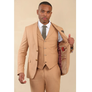 TP-23 - Men's Camel 3 Piece Linen Summer Wedding Suit