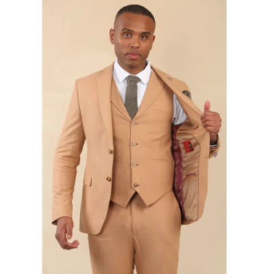 TP-23 - Men's Camel 3 Piece Linen Summer Wedding Suit