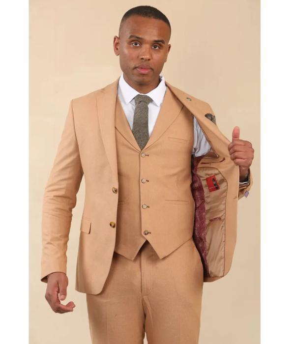 TP-23 - Men's Camel 3 Piece Linen Summer Wedding Suit