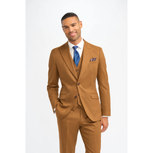 James - Men's Camel Brown 3 Piece Wool Tailored Fit Suit