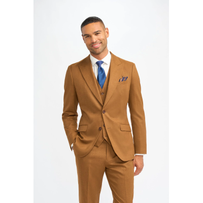 James - Men's Camel Brown 3 Piece Wool Tailored Fit Suit