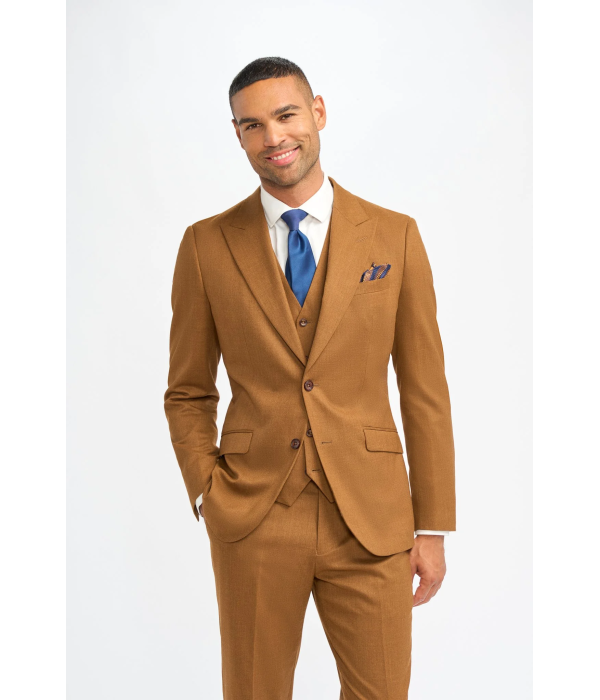 James - Men's Camel Brown 3 Piece Wool Tailored Fit Suit