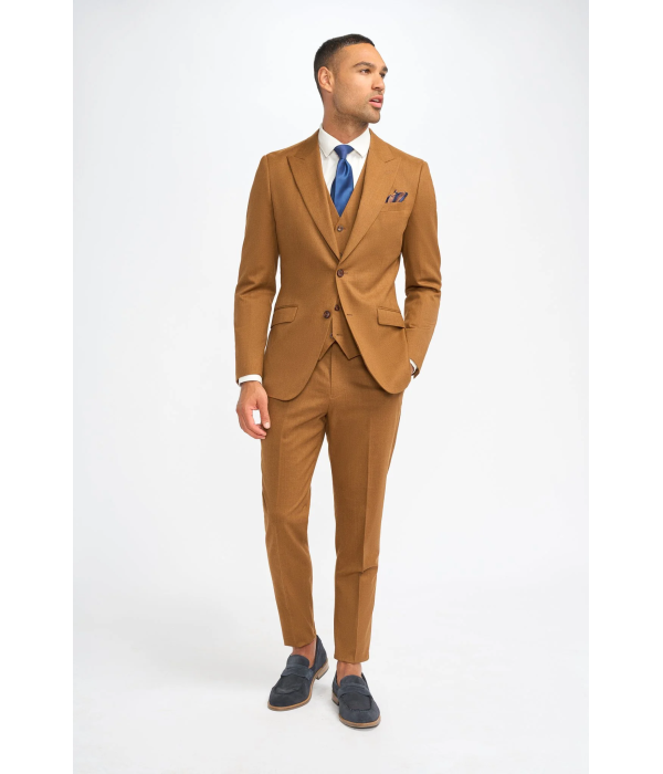 James - Men's Camel Brown 3 Piece Wool Tailored Fit Suit