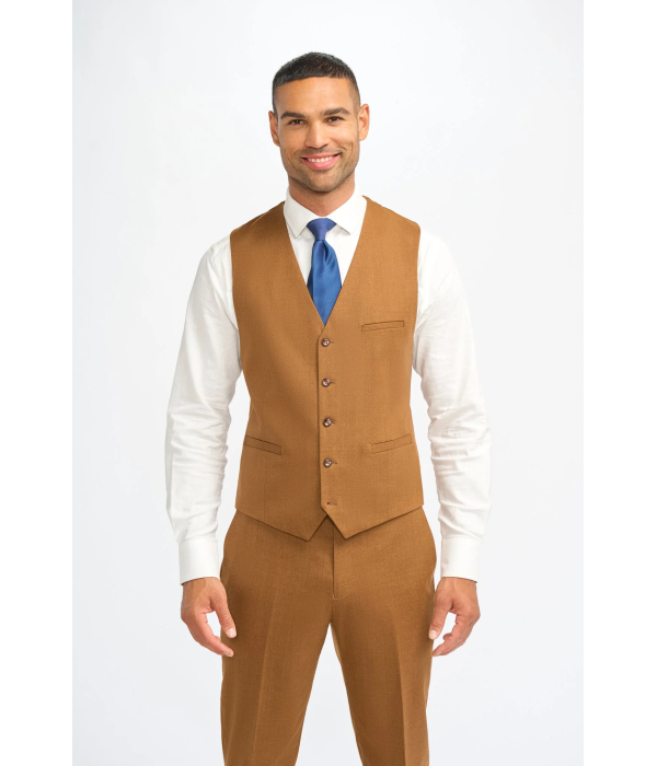 James - Men's Camel Brown 3 Piece Wool Tailored Fit Suit