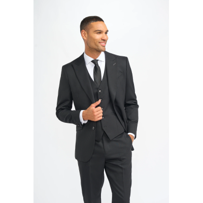 Roberto - Men's Black 3 Piece Shadow Stripes Wool Blend Suit