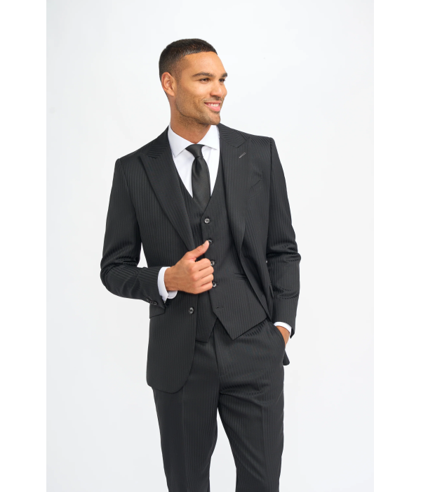 Roberto - Men's Black 3 Piece Shadow Stripes Wool Blend Suit