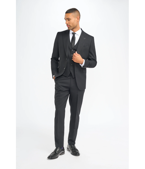 Roberto - Men's Black 3 Piece Shadow Stripes Wool Blend Suit