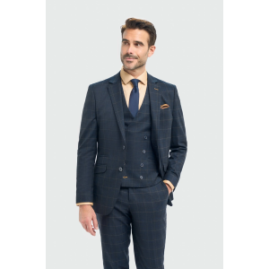 Torino - Men's 3 Piece Tailored Fit Navy Check Suit