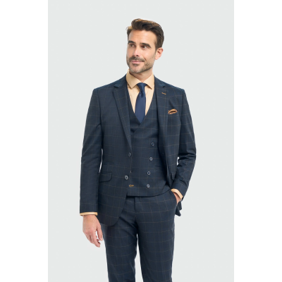 Torino - Men's 3 Piece Tailored Fit Navy Check Suit