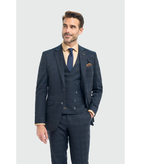 Torino - Men's 3 Piece Tailored Fit Navy Check Suit