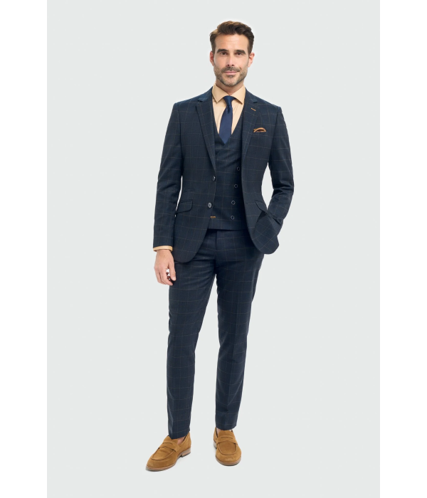 Torino - Men's 3 Piece Tailored Fit Navy Check Suit