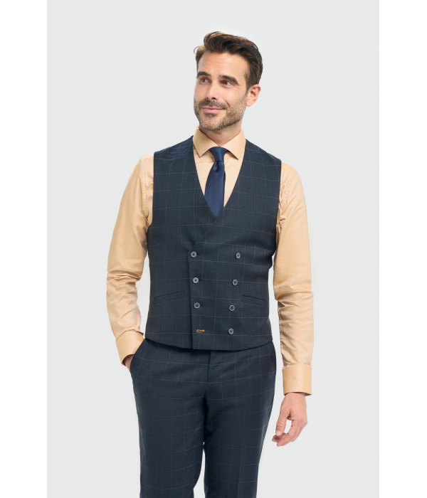 Torino - Men's 3 Piece Tailored Fit Navy Check Suit